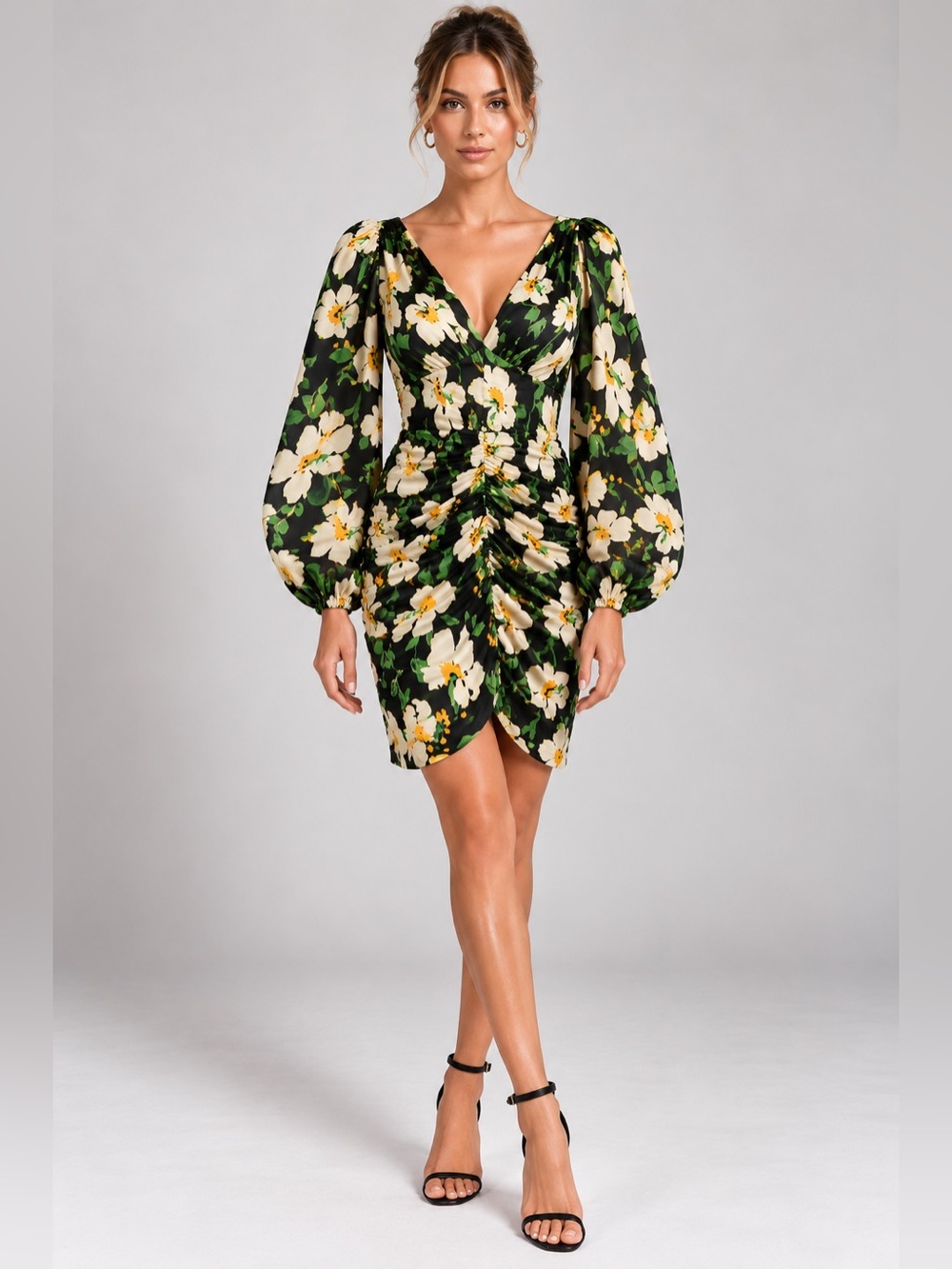 ASTR Label Floral Ruched V Neck Mini Dress XL Black Green Long Sleeve Satin New